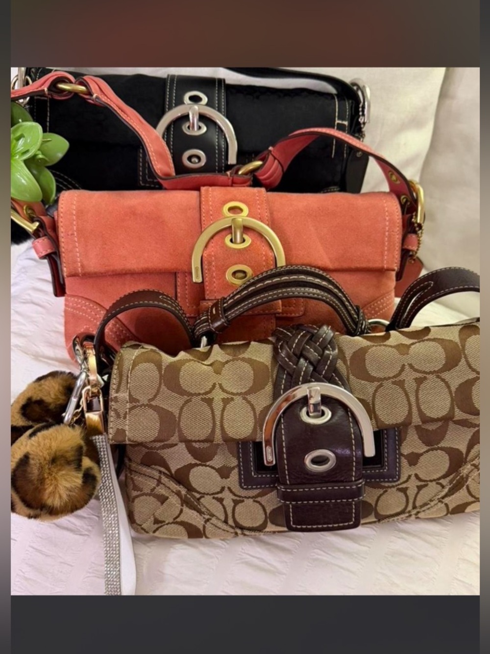 Coach Coral Suede and Brown Signature Shoulder Bag Duo